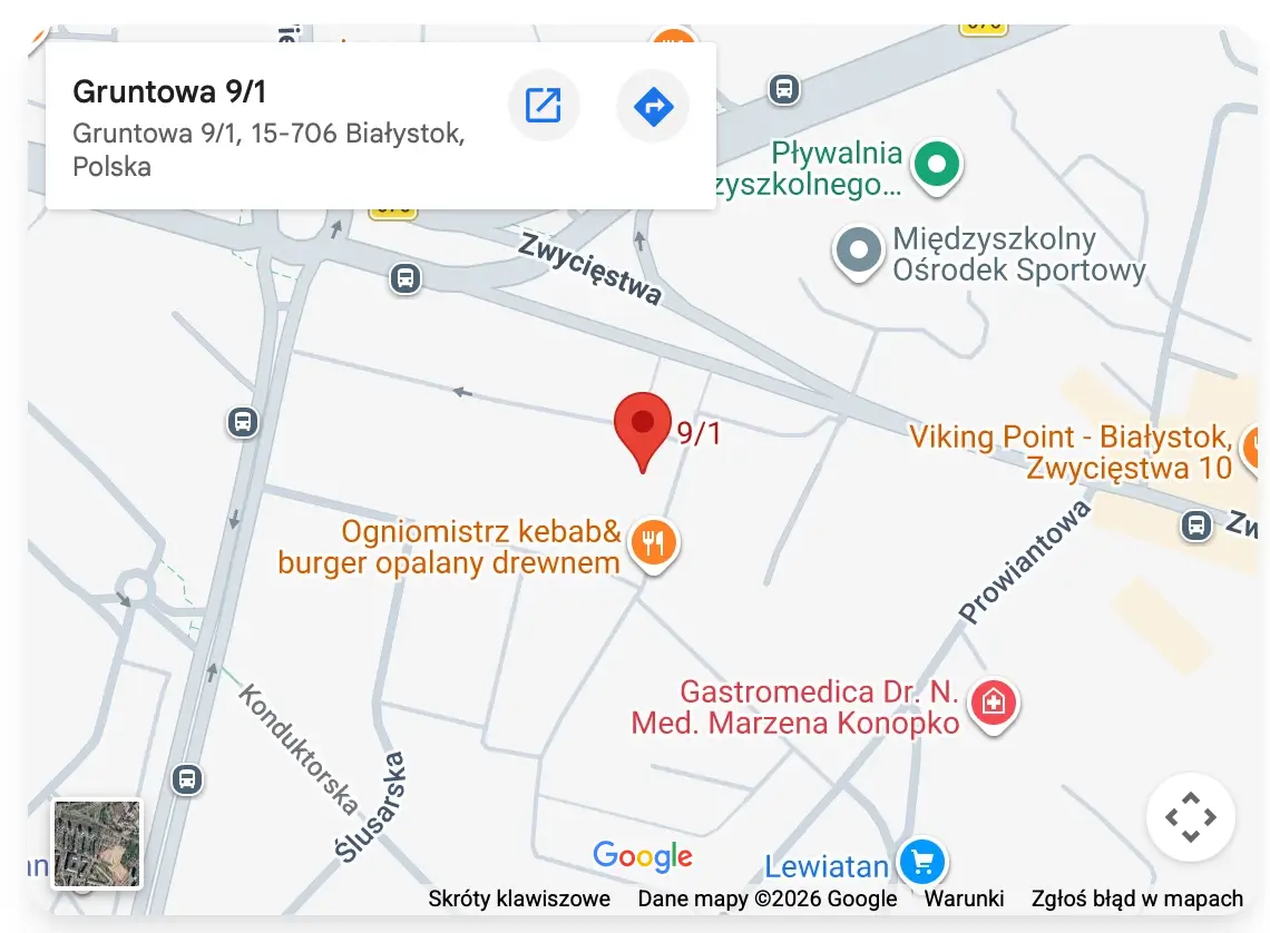 Mapa dojazdu do gabinetu fizjoterapii - ul. Gruntowa 9/1, Białystok